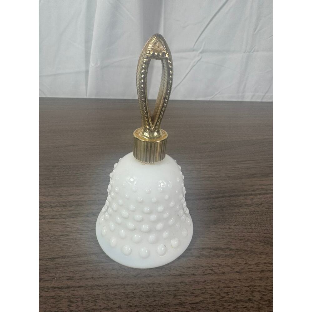 Vintage Avon Unforgettable Cologne Bottle Milk Glass Hobnail Bell‎ w Gold Handle